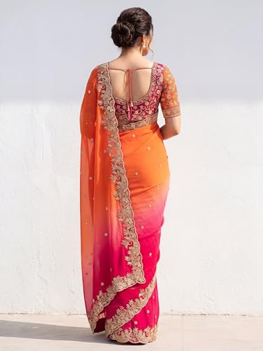 Image of Amazon Brand - Tavasya Fancy Fendy Satin Silk Saree with Multi Sequence Embroidery Work | Heavy Embroidered Wedding Party look Saree with Running Blouse Piece