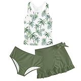 3 Piece Green Bathing Suits Set for Big Girls 15-16 Years Old Teen Hawaii Swimsuits with Beach Skirts Youth Fashion Tankini Swimwear