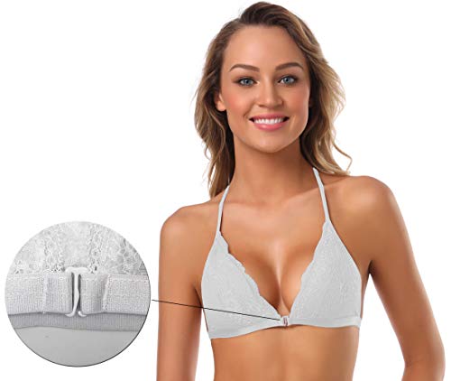 Image of SHEKINI Women's Embroidered Triangle Bra Front Closure Plunge Wireless Lightly Lined Lace Bralette Top