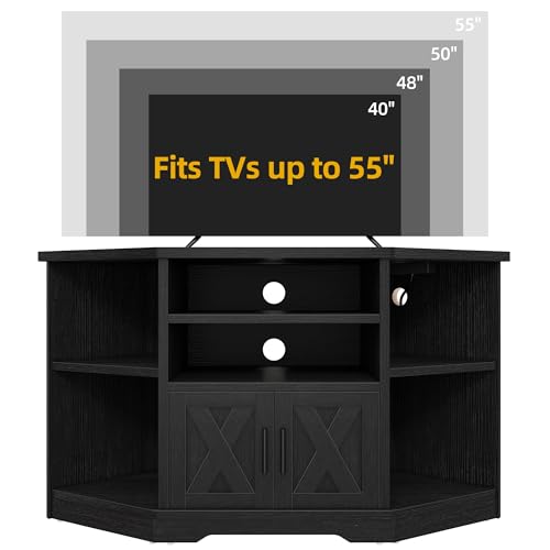 DWVO Corner TV Stand for 55/50 Inch TV, TV Entertainment Center with Storage, Farmhouse TV Stand for Living Room with Power Outlet, TV Media Console, Black