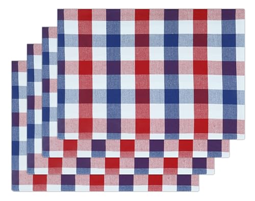 PurpleEssences 4th of July Buffalo Plaid Placemats, Set of 4, Washable Spill Proof Double Layer Woven Checkered placemat for Dining Table and Kitchen - 13 x 19 Inch - Red Blue and White