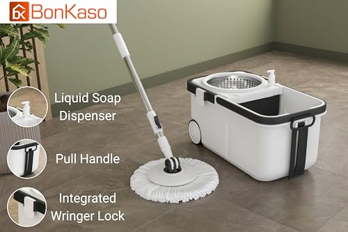 Image of BonKaso Rider Spin Mop 360 with Stainless Steel Wringer, Big Wheels & Adjustable Handle, Floor Cleaning Mop Bucket Set with 2 Microfiber Refills - Grey & Black