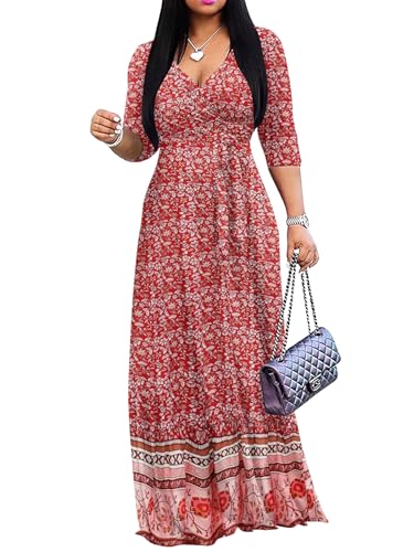 Image of Yajedo Womens Casual Summer Maxi Dress Plus Size Sexy Wrap V Neck 3 /4 Sleeve Sundress with Pockets