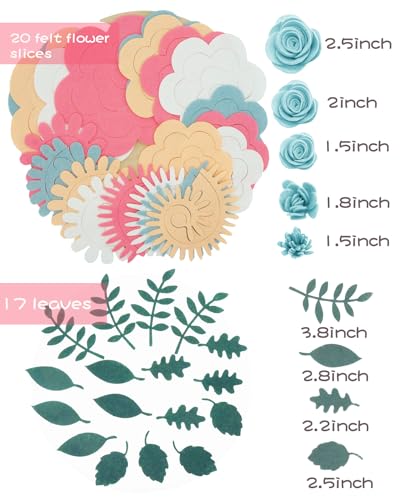 Image of BAZIMA Felt Flowers and Succulents Kit - DIY Wreaths, Vertical Garden, Baby Shower, Create Headbands - 20 Felt Flowers and 17 Leaves