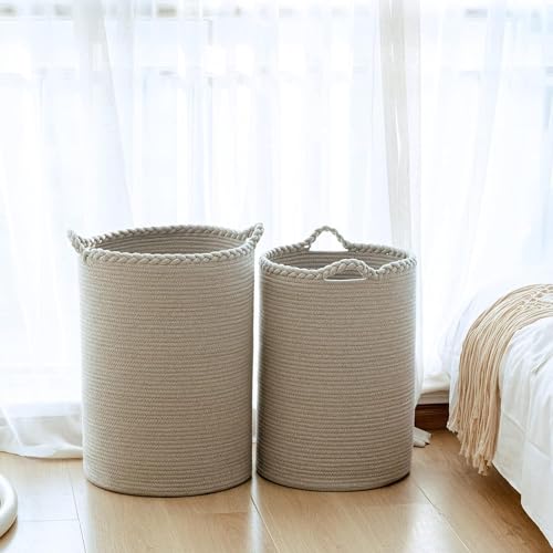Image of ALBY Woven,Tall Wicker Laundry Basket for Blankets,Clothes,Pillows,Toys,Shoes Large Cotton Laundry Hamper for Bedroom Living Room Bathroom Nursery (72L /Extra Large16 inchD x 22 inchH, PURE GREY)