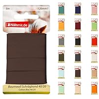 Nähmit 5m Karte Baumwoll Schrägband, 100% Baumwolle 20mm Breit - 40/20 vorgebügeltes Schrägband (A20-Braun, 5m Karte)
