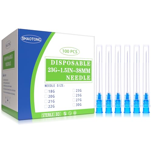 Image of 23 Gauge 1.5 Inch Needles Luer Lock Disposable Lab Supplies, Pack of 100 | SHAOTONG 23G 1.5 inch 38mm Needle with Cap for Liquids Measuring or Refilling, Sterile, Individually Wrapped