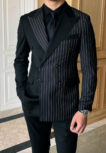 Men's Stripe 2 Pieces Suit Double Breasted Fashion Slim Fit Tuxedos for Wedding Groomsmen(Blazer+Pant)2