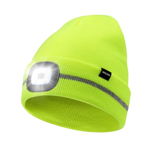 Wmcaps Mütze mit LED Licht, Wintermütze mit 4 LED Lampe, Wiederaufladbare Type-C Strickmütze mit Reflektierendem Lichtstreifen, Winter Warme...