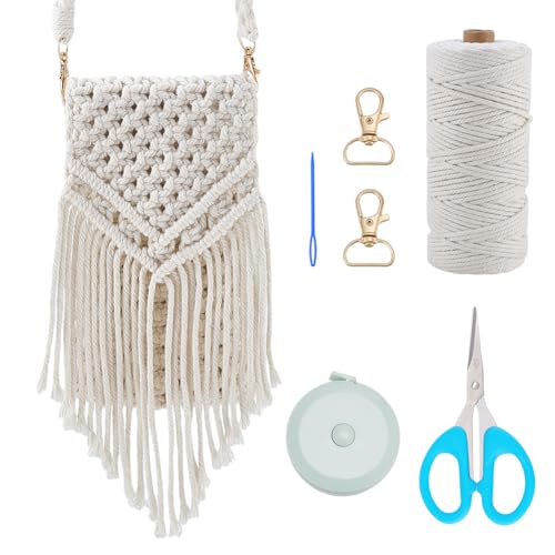 WEBEEDY Kit de bolsa de macramê DIY para adultos iniciantes, kit de confecção de bolsa transversal de nó vermelho com borlas, conjunto de bolsa DIY com tutorial em vídeo, cordão e ferramentas de