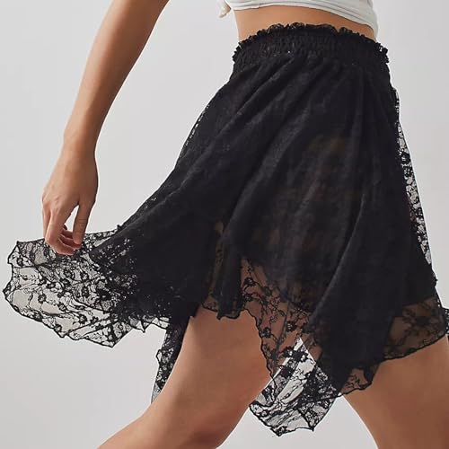 Image of Women's Y2k Lace Half Slip Skirt Low Rise Pleated Ruffle LaceTrim Mini Skirt Layered Flowy Short Skirts Underskirt