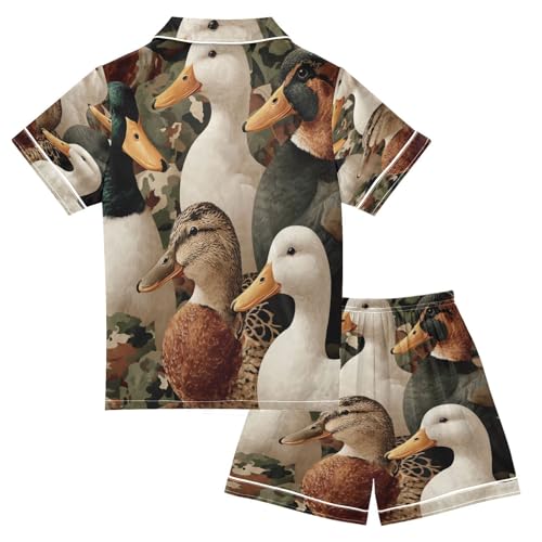 Satin Pajama Sets Short Sleeve Ducks Camouflage Button Down Silky Nightwear 2 Piece PJS 5-14Y2