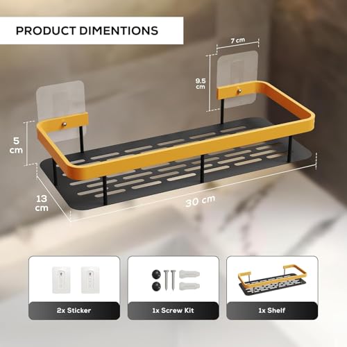 Image of amazon basics 2 Pack Self Adhesive Bathroom Shelf for Wall, Bathroom Organiser Without Drill, Kitchen Sink Organiser, Rust Resistant Wall Mounted Bathroom Rack for Shampoo, Soap & Toiletries, Black