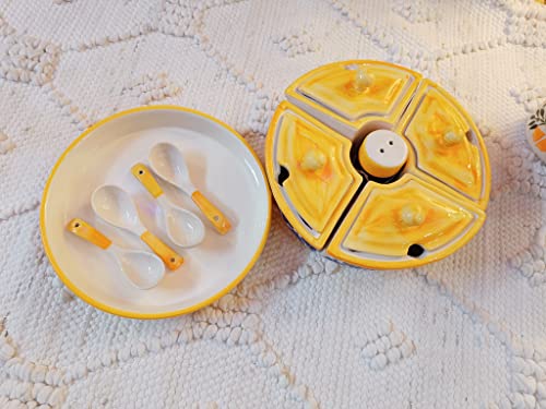 Image of Niyara Multipurpose Storage Ceramic Pickle set Jars & with Lid & tray & spoon & Salt Dispenser (Set of 5, 300 ML) (Yellow Blue)