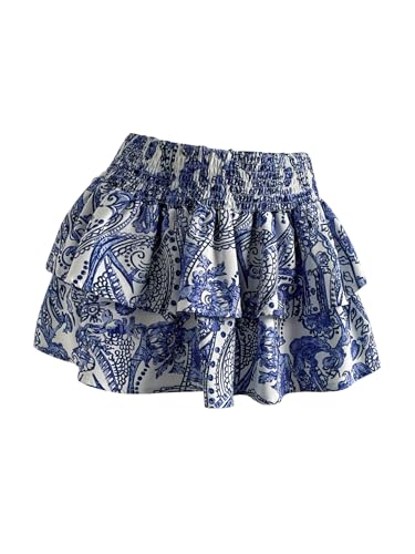 Women's Boho Printed Mini Skirts Ruffle Layered Elastic High Waist Summer A Line Skirt