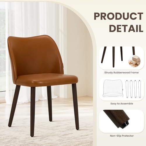 Image of Wooden Dining Chairs Set of 6, Upholstered Kitchen Dining Room Chair, Modern Faux Leather Farmhouse Dinner Chair for Restaurant & Cafe, Light Brown