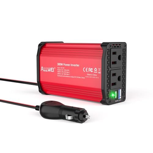 ALLWEI 300W Power Inverter DC 12V to 110V AC, Compact Car Plug Adapter Outlet with 27W PD USB-C &18W...