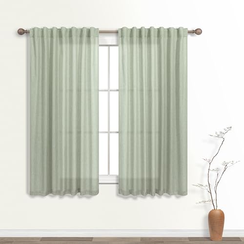 KOUFALL Short Linen Curtains for Bathroom Window, 45 Inch Length Rod Pocket Sheer Curtains 45 Inch Length Sage Green Decor