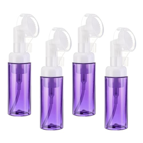 QUARKZMAN 4pcs 60ml Botella de Espuma con Cepillo, Dispensador de Bomba de Limpiador Facial con Cepillo de Masaje de Plástico Transparente para Jabón Champú Gel Viaje, Morado