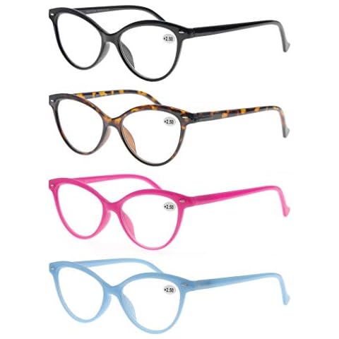Women Reading Glasses 2.0 4 Pack Fashion Colors Cat Eye Readers for Ladies Compact Spring Hinge Lightweight Frame Includes Pocket Cover