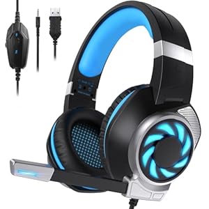 Gaming Headset for PS4, Xbox One, PC, PS5, Laptop, Mac, Nintendo Switch, 3.5MM Noise Cancelling Over Ear Headphones with Mic, Bass Surround, Soft Memory Earmuffs (New Blue)