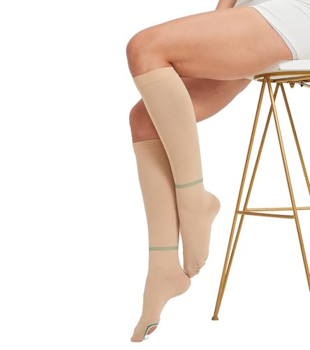 Image of Anti Embolism Compression Stockings 15-20mmHg, Knee High & Thigh High Ted Socks with Inspection Hole, Graduated Support Hose for Women Men, Swelling Relief, Walking, Office Work, Beige M