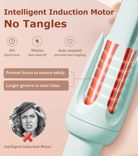 Image of Auto Hair Curler, Automatic Curling Iron with 4 Temperature & 3 Timer, Automatic Shut-Off, Anti-Scald, Anti-Tangle Rotating Curling Wand for Hair Styling, Blue