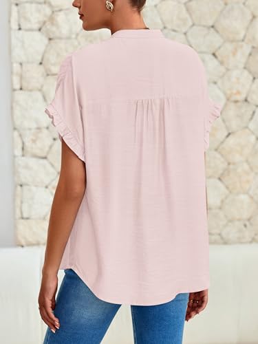 MASCOMODA Womens 2025 Button Down Shirts Ruffle Short Sleeve Loose Summer Tops Dressy Casual V Neck Business Work Blouses3