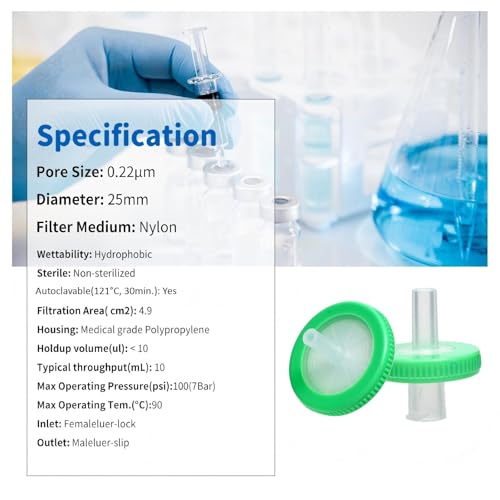 Image of Syringe Filters Hydrophobic Nylon Membrane 100PCS, 0.22um Pore Size,25mm Disc Diameter,HPLC and GC Needle Filter, Non-Sterile, High Throughput Lab Filtration, Barreled Packed