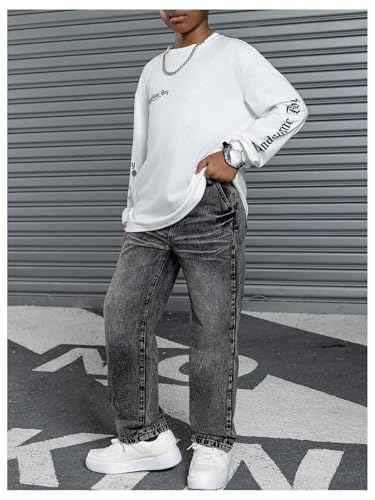 Verdusa Boy's Vintage Grunge Straight Leg Washed Denim Pants Streetwear Jeans with Pockets4