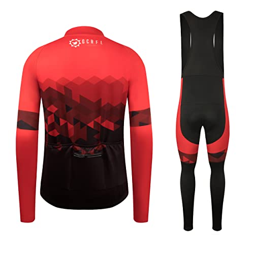 GCRFL Winter Cycling Jersey Sets Thermal Fleece Bike Jersey + Bib Pants, Long Sleeve Cycling Clothing Sets for Man (Red, XL)