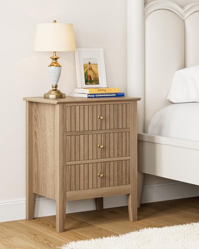 Image of Fluted Nightstand, Farmhouse Night Stand with 3 Drawers, Mid Century Modern Side Accent Table,Bedside End Table for Bedroom, Living Room, Natural