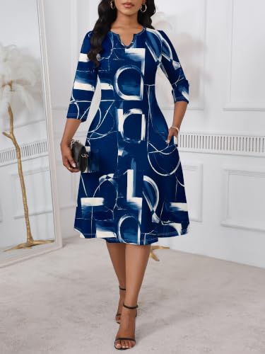 Image of PinkPatty Women's Casual 3 /4 Sleeve Midi Dresses Fit and Flare Church Work Dress with Pockets