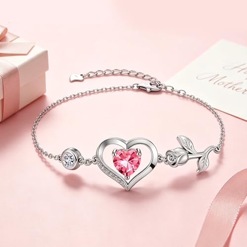 Image of 1CT Rose Heart Bracelet Moissanite Lab-Grown Sapphire Ruby Emerald&More 18K White Rose Gold Plated Anniversary Birthday Gift for Wife Girlfriend Mom Daughter Mothers Day Gift for Mom