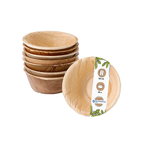 BIOZOYG 25x Platos de Salsa de Hoja de Palma 30 ml Redondo - Mini Platillos para Comida de Dedo - Pequeños Platillos para Dips, Salsas y Aderezos