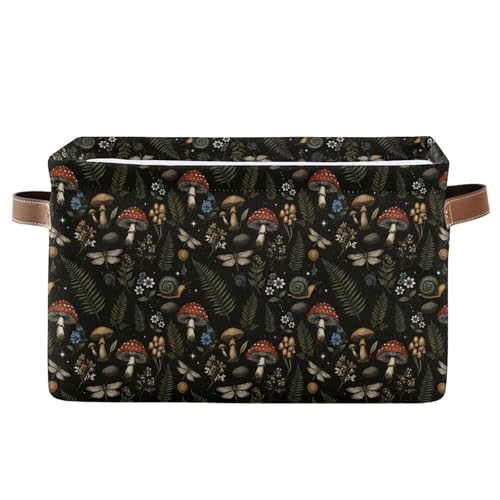 Image of Mushroom Botanical Storage Basket Fabric Kitchen Baskets Dragonfly Berry Flowers Fern Open Home Storage Bins Boxes Foldable Organizer Bag for Baby Cloth Pet Toy Book Shelf Closet Baskets 16x12x8 IN