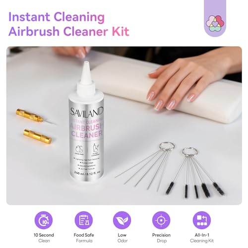 Image of SAVILAND Airbrush Cleaner Kit: 10S Instant 240ml Airbrush Cleaning Kit Low Odor Acetone Free with Cleaning Brush & Needle Nozzle Reamer Full Tool Set for Clog Removal Nail Art Airbrush Pro