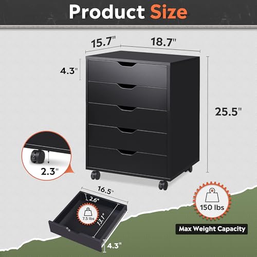 Image of DEVAISE 5-Drawer Chest, Wood Storage Dresser File Cabinet with Wheels, Mobile Dresser for Home Office, Black