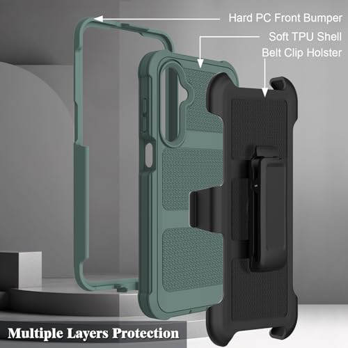 Leptech for Samsung Galaxy A16 5G Case with 2 Pack Tempered Glass Screen Protector, [Holster Series] Belt Clip Hard Tough Heavy Duty Rugged Shockproof Protective Cell Phone Case (Dark Green)