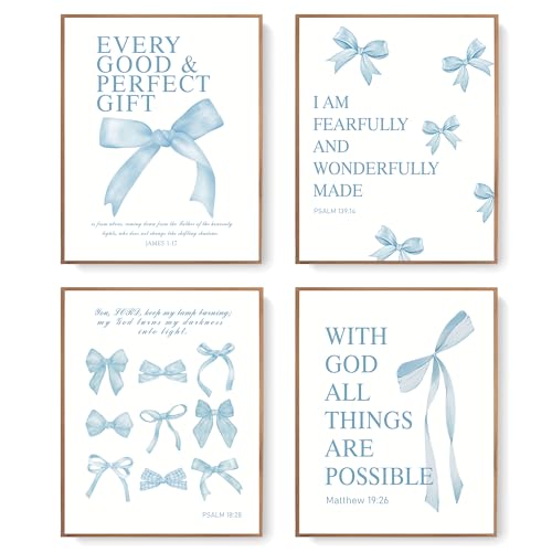Image of LARTSFRO Coquette Blue Bow Wall Art Decor Posters, Baby Blue Bow Room Bedroom Bathroom Dorm Wall Art Decor Aesthetic for College Teen Girls Gifts, Inspirational Bible Verses Bow Wall Decor, 10x8 Inch Set of 4 Pcs Bow Pictures (UNFRAMED)