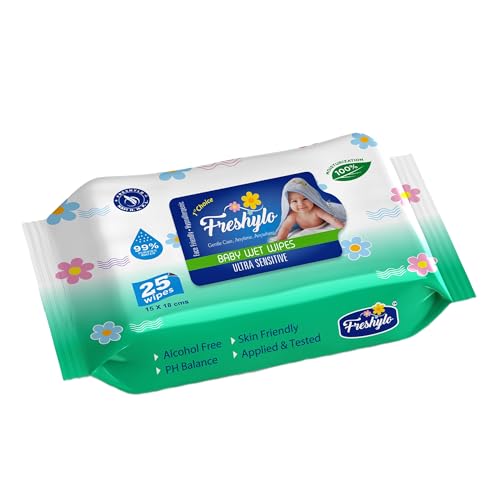 Image of Baby Wipes with 99% Purified Water & Glycerine | Extra Thick & Moist Wet Tissues | Alcohol free, Skin-Friendly, pH balanced & Hypoallergenic | 25 Counts (Pack of 1)