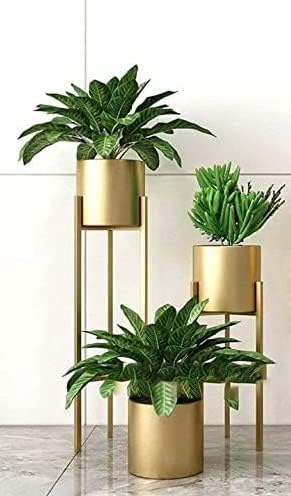 Image of Iron Metal Tall Plant Stand with Pot| Indoor Outdoor Plant Stand| Modern Golden Tall Planter Stand Set of 2 (White /Gold) (BLACK)