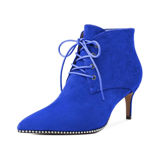 AUMOTED Women Ankle Boots Beaded Pointed Toe Kitten Low Heel Ankle Bootie with Side Zipper Lace Up Short Boot 2.5 Inch Casual Comfortable Dress Boots