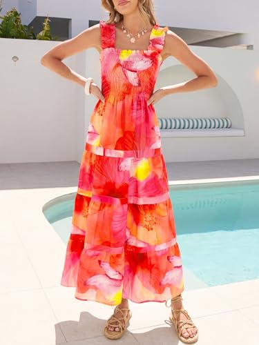 Image of Caracilia Womens Summer Maxi Dresses Floral Smocked Sleeveless Ruffle Boho Casual Flowy Aline Beach Vacation Long Sundress