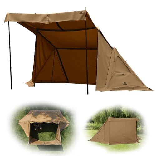 GOGlamping G・G PUP 2.0パップテントと前幕セット TC 焚き火可ソロテント 【メッシュ/耐熱シート三角窓】 【着脱可能なファスナー】【アルミポール+スカート付き】軍幕 ミリタリーテント 難燃 遮光 日よけ 撥水 多機能テント 薪ストーブが使える 前後開閉可能 炎幕 コンパクト 4シーズン適用