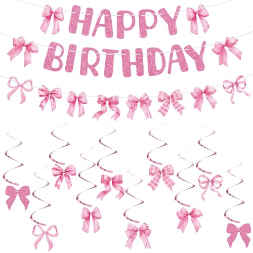 Image of Pink Bow Birthday Decorations, Banner And Hanging Swirls, 45 Pcs | Pink Bow Theme, Pre-Assembled Banner, Sturdy Cardstock, Reusable, For Girls And Women Birthday Parties