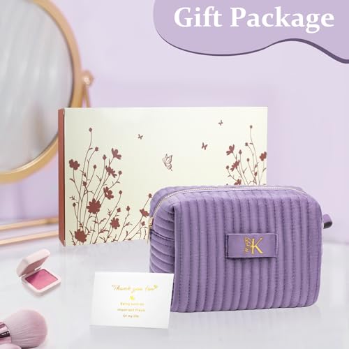 Image of COSHAYSOO Personalized Gifts 1 2 3 4 5 6 7 8 9 10 Year Anniversary for Women Wife Girlfriend Valentines Wedding Marriage, Initial Monogram Purple Makeup Bag Cosmetic Pouch Travel Essentials Letter K