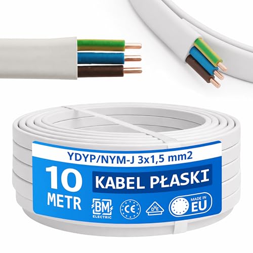 BM Electric YDYp NYM kabel zasilający 3 x 1,5 mm² (płaski 10 × 5 mm) – kabel taśmowy do kanałów okiennych | elektryczny kabel instalacyjny | 300/500 V | solidna miedź | wyprodukowano w UE