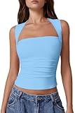 QINSEN Sleeveless Summer Tops for Women Square Neck Double Lined Going Out Crop Top Baby Blue S