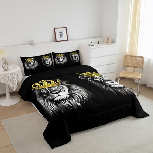 Image of Feelyou Kids Lion King & Queen Comforter Full Size, Gold Crown Comforter Set for Man Woman African Safari Animal Bedding Set Wild Lion Couple Duvet Set Microfiber Bed Set